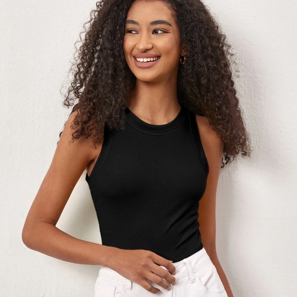 Black Tank Top Racerback Round Neck Slim Fit Stretchy Basic - Picture 1 of 9